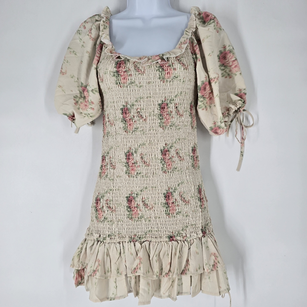 For Love Bell Puff Sleeve Smocked Floral Mini Dress Ruffles Size S NEW
